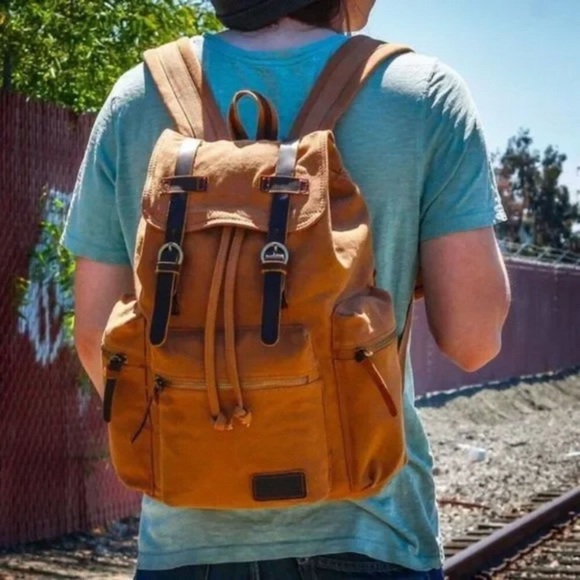 New 21L Vintage Canvas Backpack Yellow - Picture 2 of 5